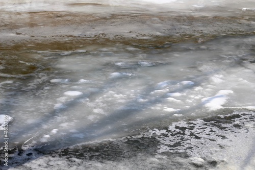 A close view on the cold icy frozen water surface.