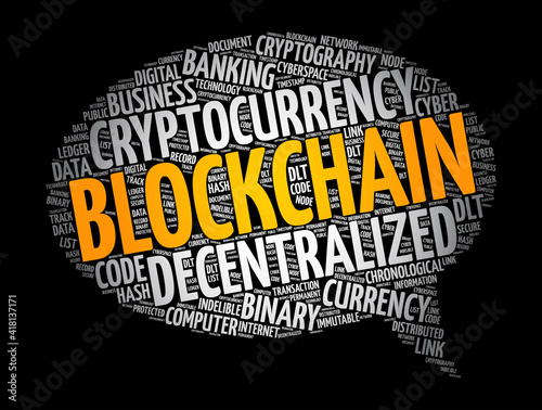 Blockchain message bubble word cloud collage, technology concept background