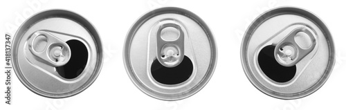 Close up of aluminum can on a top view isolated​ on​ white​ background.​ , soda can white and black. Open can