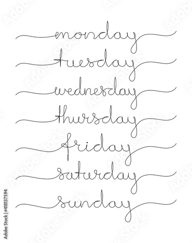 Days of the week set. Continuous one line drawing. Minimalistic art. Vector illustration.