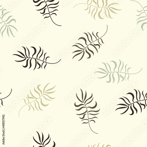 Areca palm tree leaves seamless pattern with creamy tea green background. Vector illustration