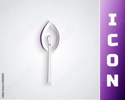 Paper cut Burning match with fire icon isolated on black on purple background. Match with fire. Matches sign. Paper art style. Vector.