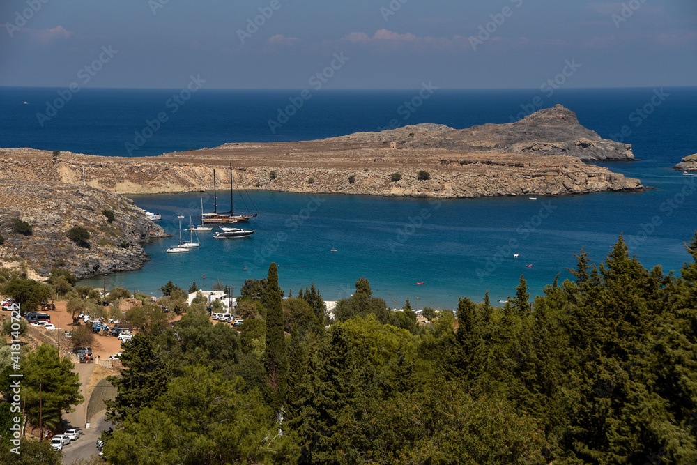 Rhodes, Greece –  beautiful landscape of the Lindos bay.