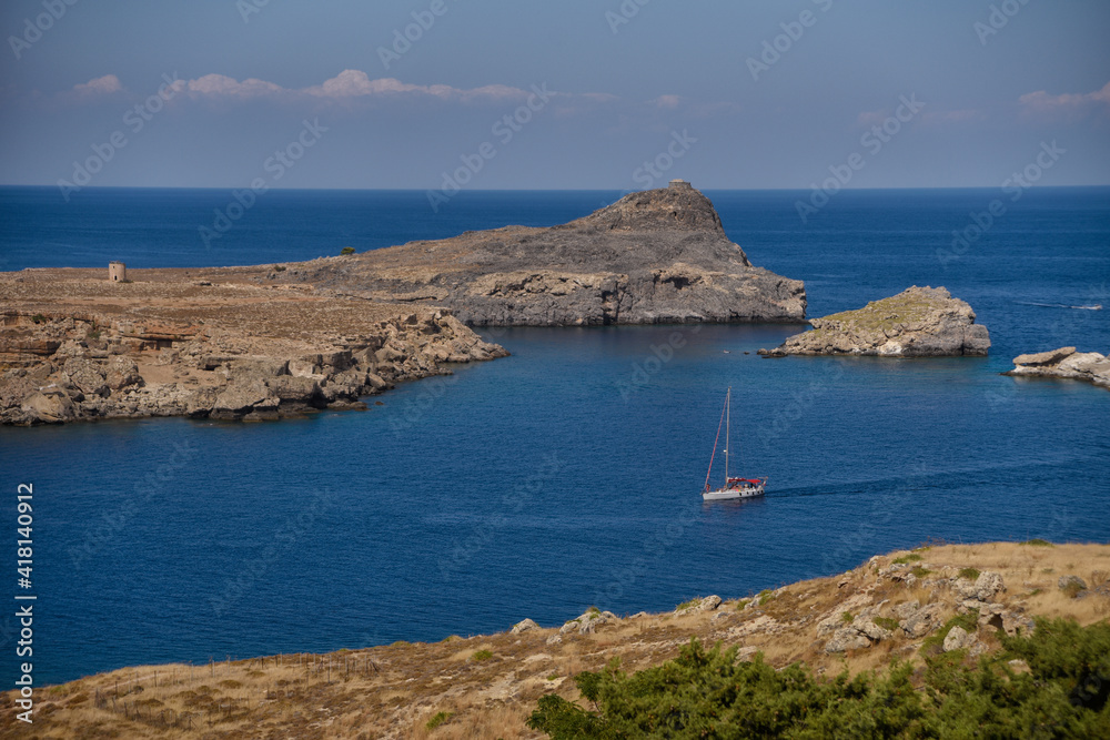 Rhodes, Greece –  beautiful landscape of the Lindos bay.