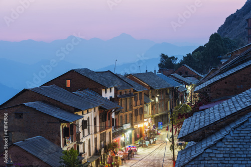Night street scene in the mountain village of Bandipur, Tanahun district, Nepal photo