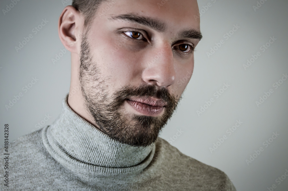 Portrait of a young brown-haired man with a short beard and a gray turtleneck sweater Portrait of a young brown-haired man with a short beard and a gray turtleneck sweater