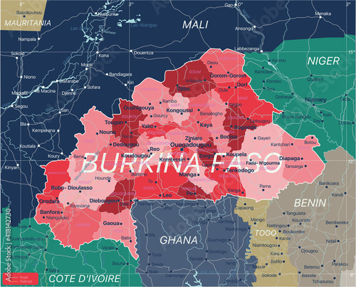 Burkina Faso country detailed editable map with regions cities and towns, roads and railways, geographic sites. Vector EPS-10 file