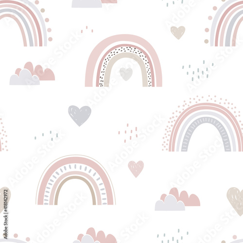 Seamless childish pattern with hand drawn rainbows and hearts. Creative scandinavian kids texture for fabric, wrapping, textile, wallpaper, apparel. Vector illustration