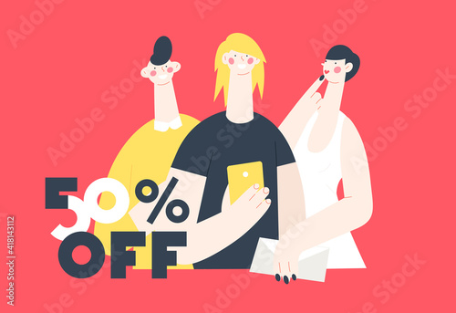 modern vector illustration-young people make online purchases at a discount