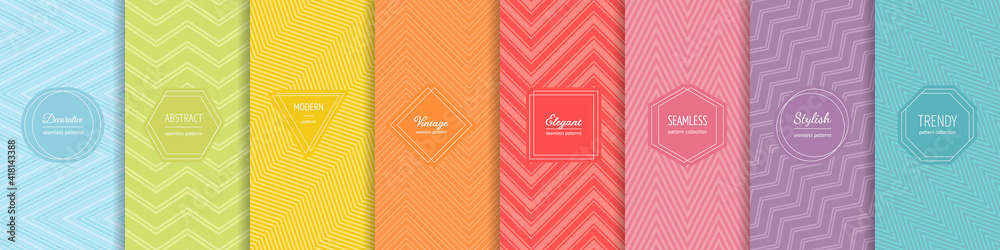 Rainbow chevron vector geometric seamless patterns collection. Set of bright colorful backgrounds with modern minimal labels. Cute abstract zigzag textures. Pattern design for Easter, holiday decor