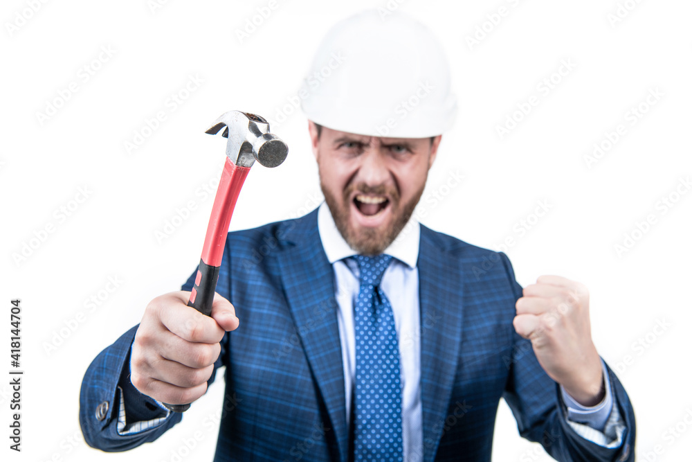 Im nailing it. Crazy engineer hold hammer selective focus. Hammer work Im nailing it. Crazy engineer hold hammer selective focus. Hammer work