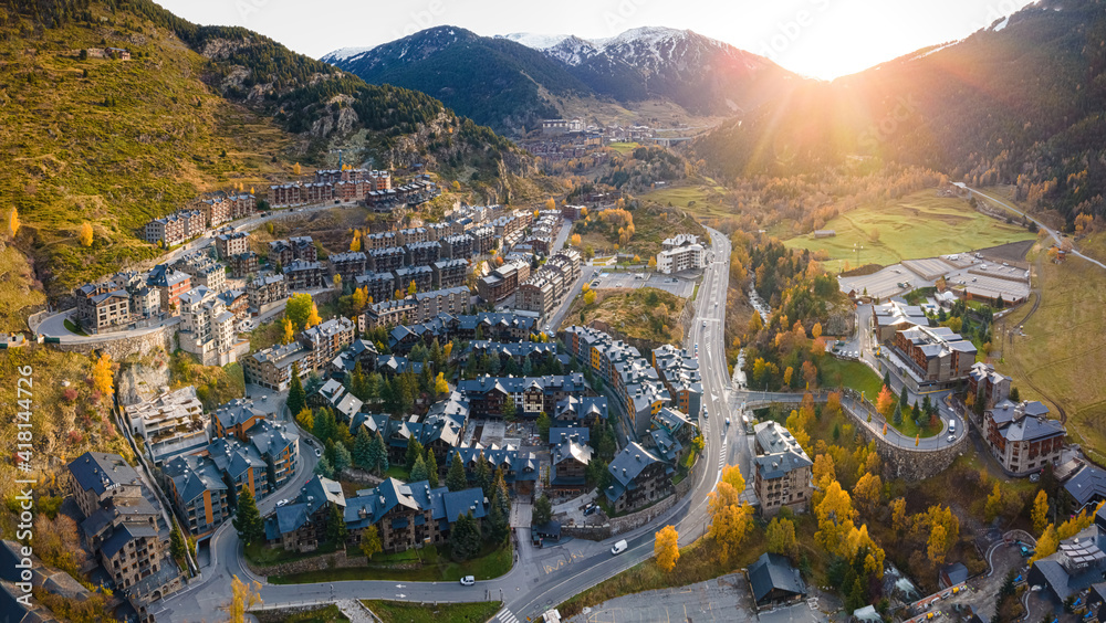 Aerial view of village of El Tarter in Andorra, located in the parish of Canillo