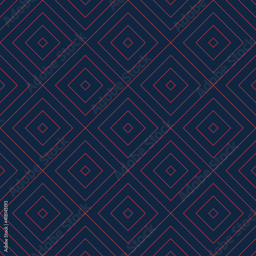 Vector seamless geometric pattern with red linear rectangle grid texture on navy blue background