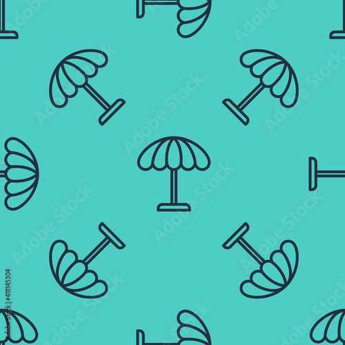Black line Sun protective umbrella for beach icon isolated seamless pattern on green background. Large parasol for outdoor space. Beach umbrella. Vector Illustration.