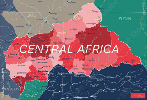 Central Africa country detailed editable map with regions cities and towns, roads and railways, geographic sites. Vector EPS-10 file