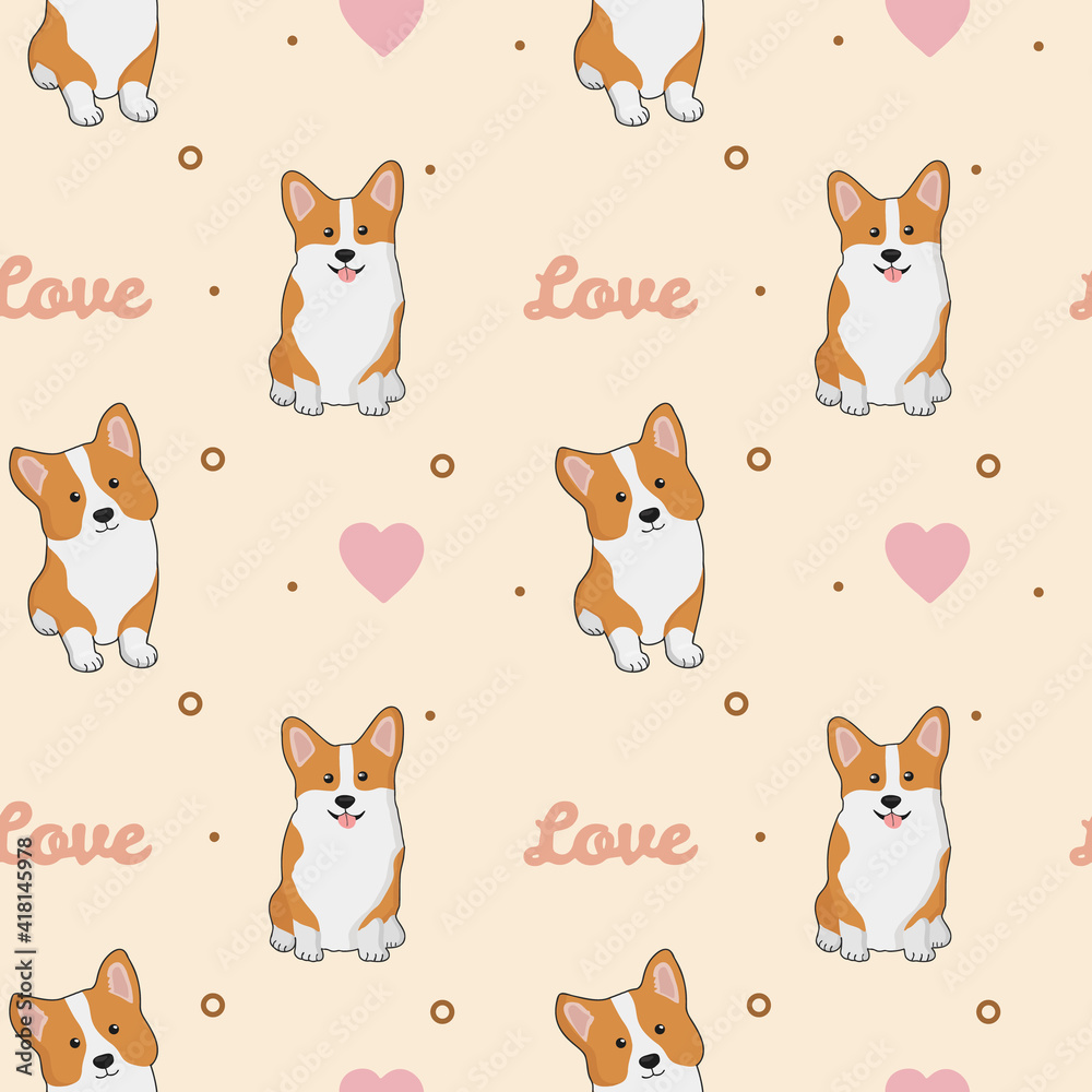 Seamless pattern with corgis and hearts. Background for wrapping paper, greeting cards and seasonal designs. Happy Valentine's day.