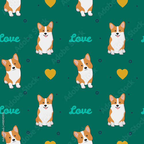 Seamless pattern with corgis and hearts. Background for wrapping paper, greeting cards and seasonal designs. Happy Valentine's day.