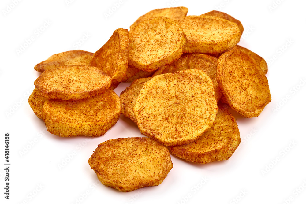 Fried Potato slices, isolated on white background. High resolution image