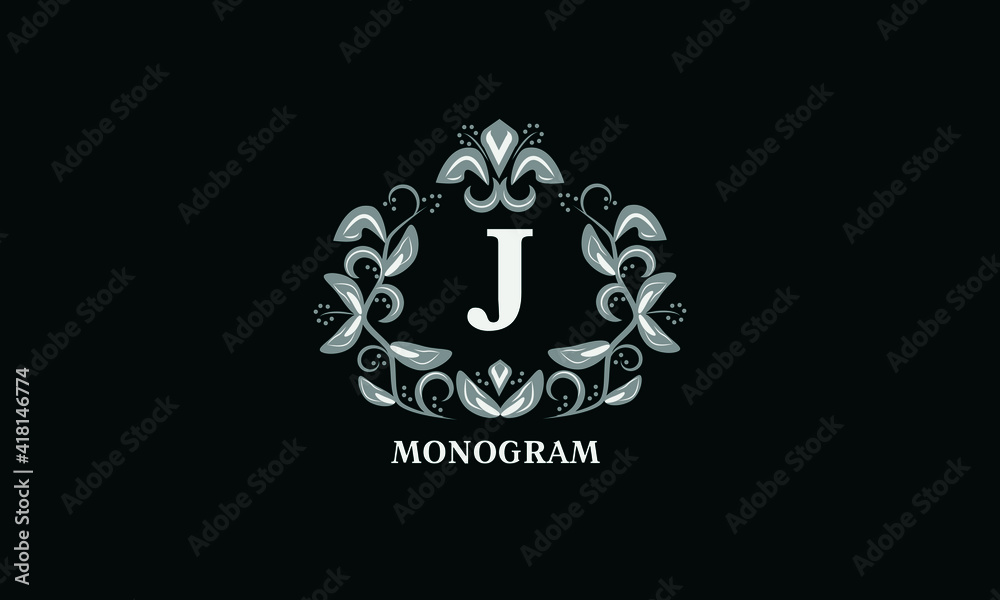 Design for invitations, menus, tickets. Wedding monogram with the letter J or two letters. The logo is identical for a restaurant, hotel, heraldry, jewelry.