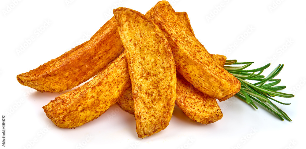 Fried potato wedges with paprika, fast food, isolated on white background. High resolution image