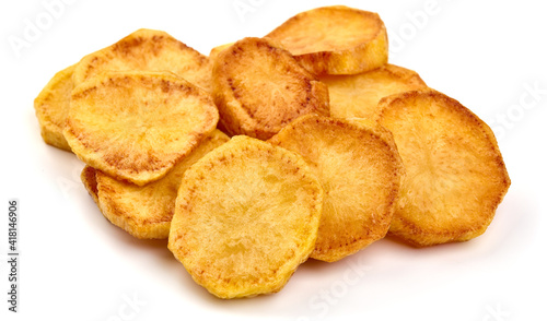 Fried Potato slices, isolated on white background. High resolution image