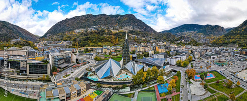 Aerial view of Andorra la Vella, the capital of Andorra, in the Pyrenees mountains between France and Spain photo