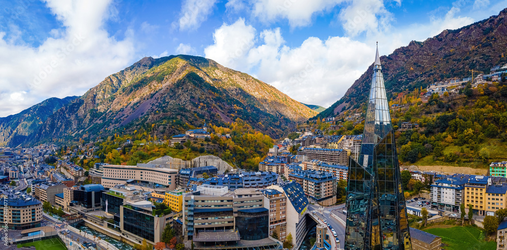 Aerial view of Andorra la Vella, the capital of Andorra, in the Pyrenees mountains between France and Spain - obrazy, fototapety, plakaty 