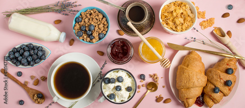 Banner. Healthy breakfast ingredients. breakfast on a pink background