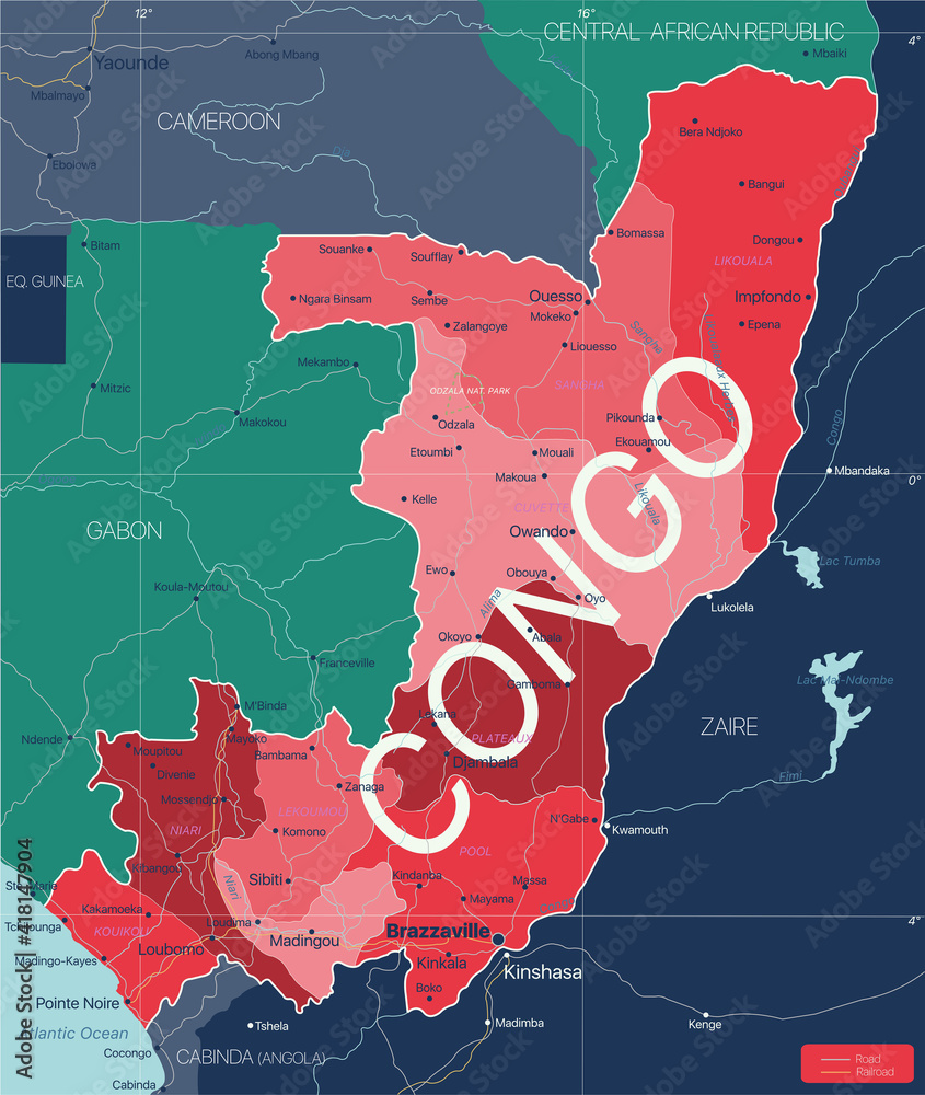 Congo country detailed editable map with regions cities and towns, roads and railways