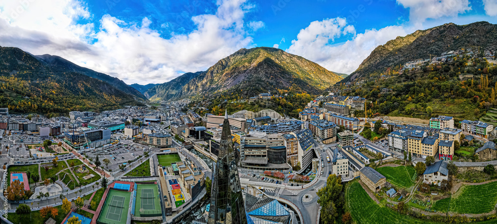 Aerial view of Andorra la Vella, the capital of Andorra, in the Pyrenees mountains between France and Spain