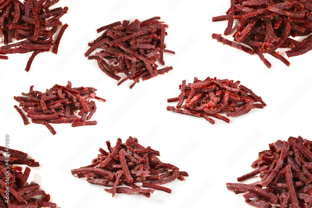 Fototapeta premium Jerky beef stick isolated on white.