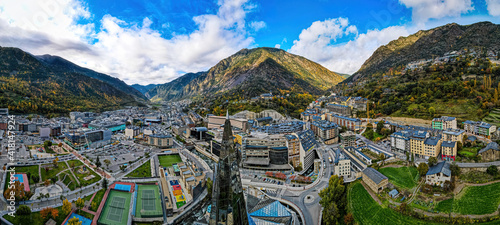 Obraz na płótnie Aerial view of Andorra la Vella, the capital of Andorra, in the Pyrenees mountains between France and Spain w salonie