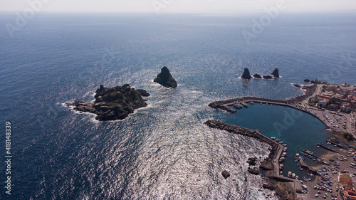 Drone flight view of Acitrezza bay in Sicily Italy photo