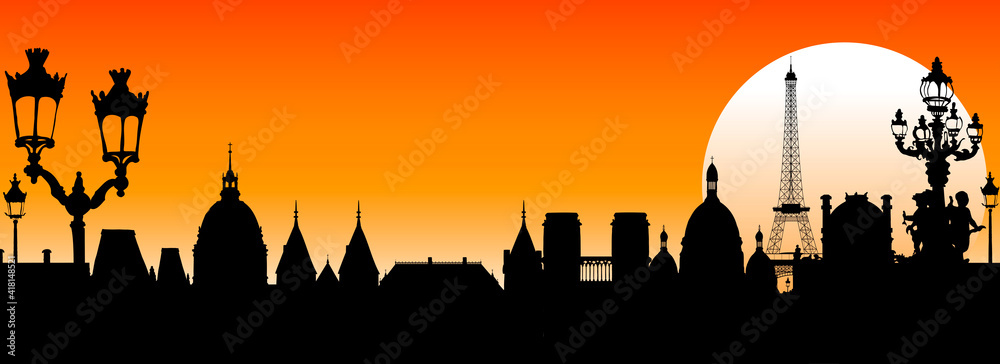 Paris at sunset silhouette city architecture. Silhouettes of the ancient architecture of Paris. Paris and its historic landmarks at sunset. Red background