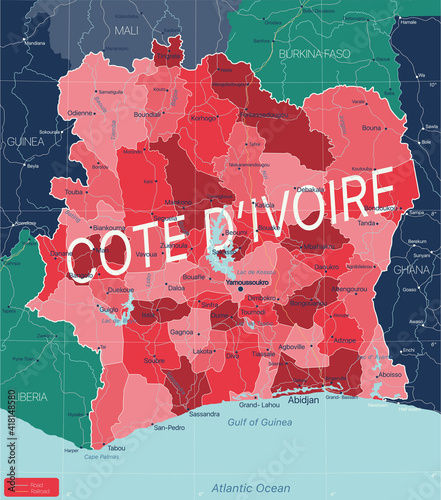 Cote d Ivoire country detailed editable map with regions cities and towns, roads and railways, geographic sites. Vector EPS-10 file