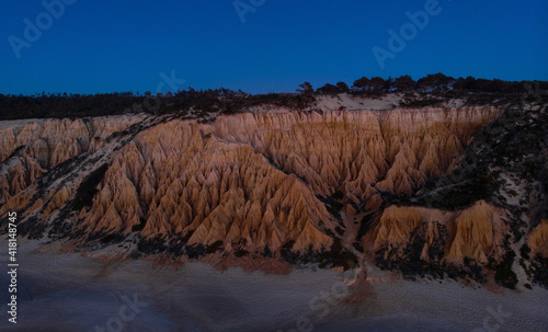 Aerial panorama of Arriba Fossil da Praia da Gale Fontainhas hoodoo fairy chimney earth pyramid rock formation Portugal photo