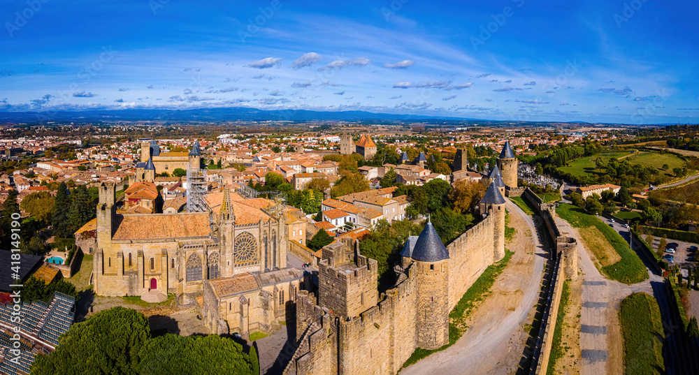 Aerial view of Carcassonne, a French fortified city in France