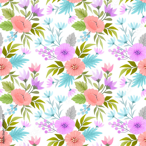 Colorful hand draw flowers seamless pattern on white color background for fabric  textile  wallpaper  wrapping paper  backdrop  and phone case.