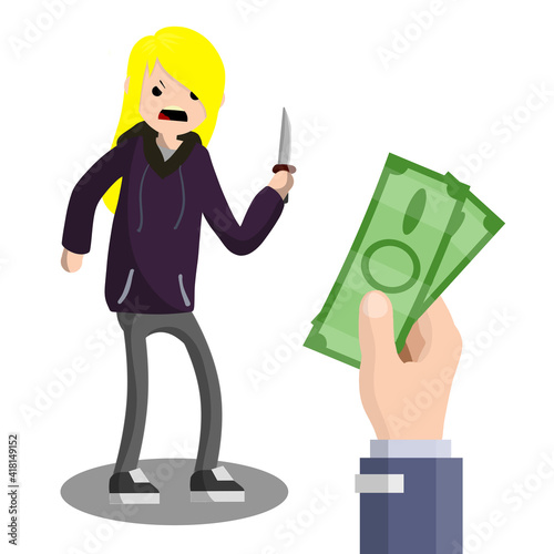 Cartoon flat illustration - girl in a hoodie with a knife extorting money. hand with green notes. aggressive girl. street threat. security problem. financial thief.