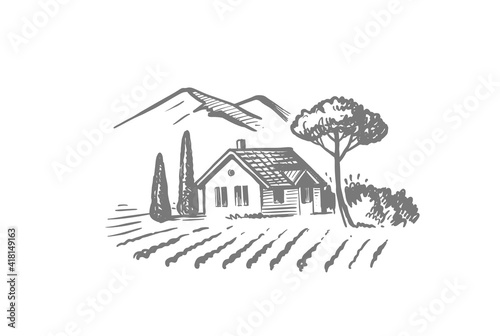 House in village with trees and plowed land. Small farm near mountains hand drawn sketch