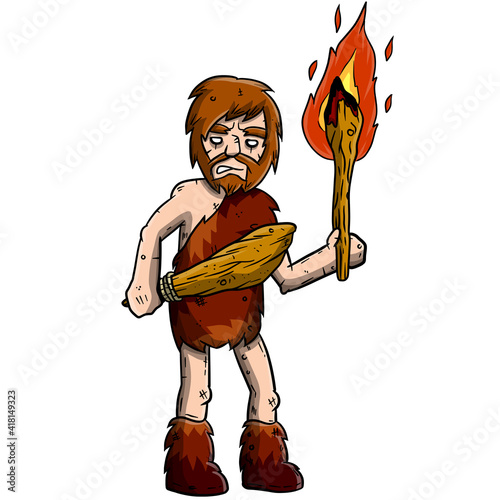 Primitive bearded man in clothes made of animal skin. Torch and a club for hunting in the hand. Prehistoric character.