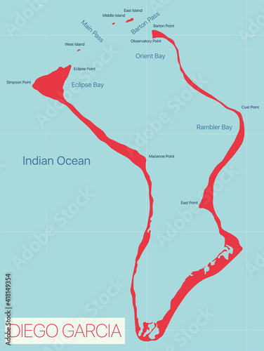 Diego Garcia detailed editable map with, geographic sites. Vector EPS-10 file