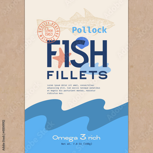 Fish Fillets Abstract Vector Packaging Design or Label. Modern Typography, Hand Drawn Wild Pollock Silhouette and Colorful Elements. Craft Paper Background Layout