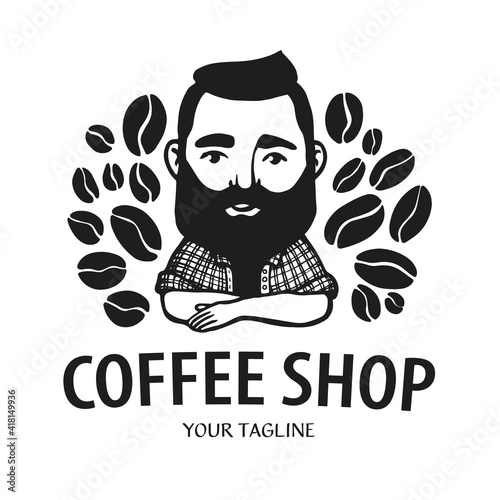 Coffe shop logo. Hand-drawn hipster man with mustache, beard with coffee beans on white background. Barista Vector logo. Line cafe Emblem.
