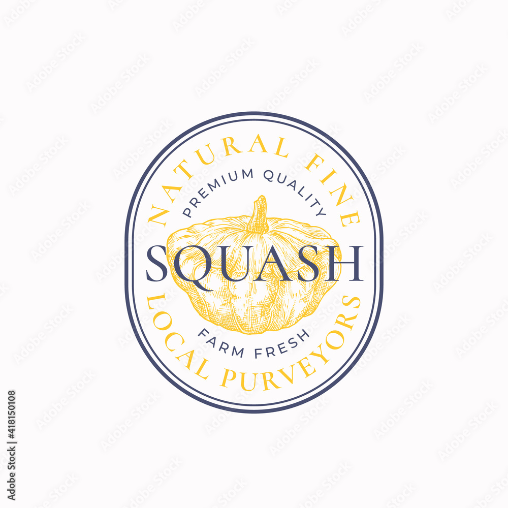 Fototapeta premium Squash Frame Badge or Logo Template. Hand Drawn Vegetable Sketch with Retro Typography and Borders. Vintage Premium Emblem. Isolated