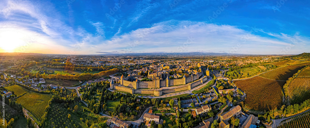 Aerial view of Carcassonne, a French fortified city in France