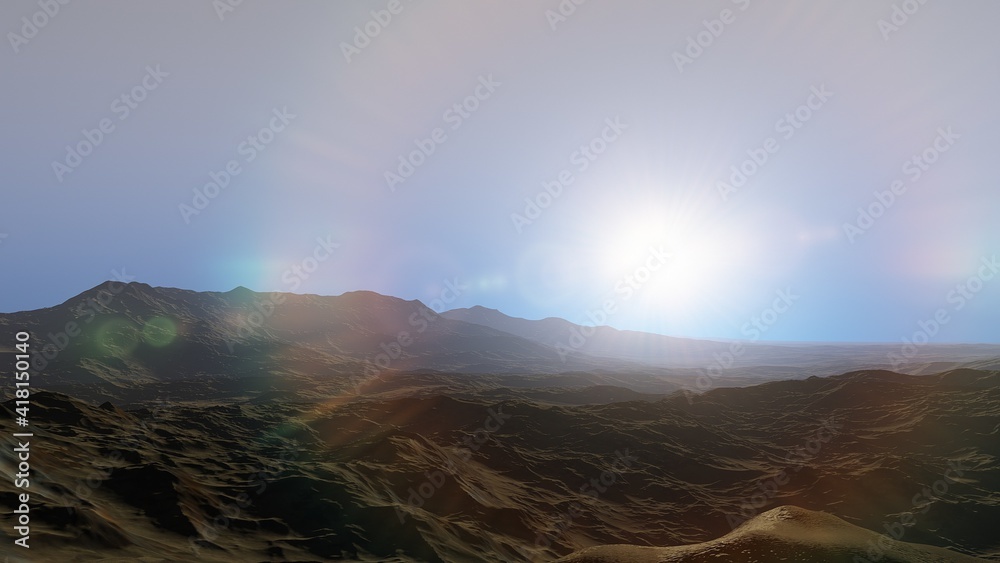Obraz premium Exoplanet fantastic landscape. Beautiful views of the mountains and sky with unexplored planets. 3D illustration.