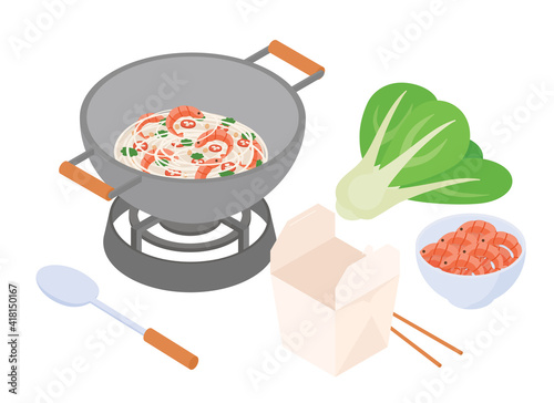 Stir frying set, wok, pad thai with shrimp. Isometric vector illustration in flat design.