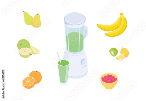 Healthy smoothie set. Isometric vector illustration in flat design.
