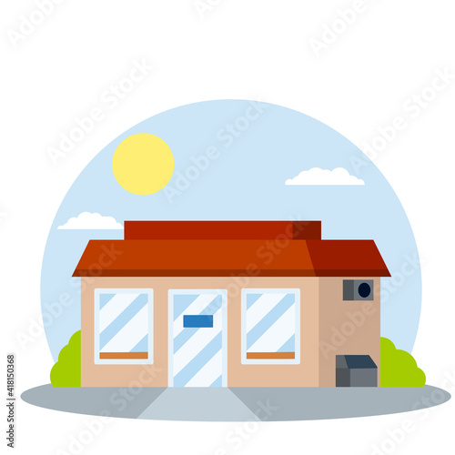 Small shop. Store with red roof. Food trade and supermarket. Facade of the house with showcase. Cartoon flat illustration. Town and city. Element of urban landscape